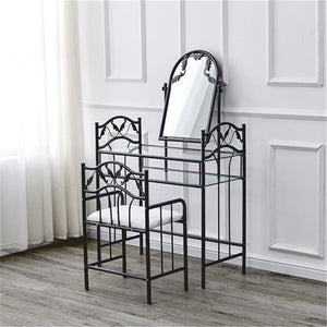 Elegant Ladies Makeup Dresser Vanity Desk Mirror Dressing Glass Table Retro Leaf Pattern Iron Dresser with Dressing Stool Bronze