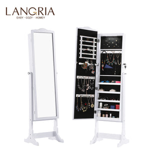 LANGRIA Free Standing Lockable Jewelry Cabinet Full-Length Mirrored Jewelry Armoire with LED Light 5 Shelves 3 Angle Adjustable