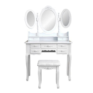 MDF material Foldable 3 Mirrors with 7 Drawers Dressing Table White fashionable dressing table with a dressing stool removed