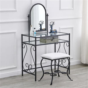 Makeup Vanity Desk Dresser Dressing Glass Table Simple Iron Dresser with Mirror Square Dressing Stool Chair Bedroom Furniture