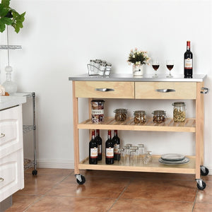 Rolling Kitchen Trolley Cart Island with Stainless Steel Countertop Simple 2 Drawers 1 Towel Rack Home Kitchen Cart HW60457