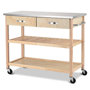 Rolling Kitchen Trolley Cart Island with Stainless Steel Countertop Simple 2 Drawers 1 Towel Rack Home Kitchen Cart HW60457