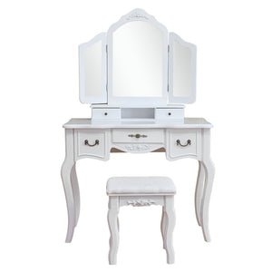 Tri-fold Mirrored Dresser Wooden Dressing Table White Makeup Table With Stool SKU69216949