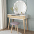 Vanity Set with Round Lighted Mirror Wood Makeup Table Dressing Dresser Desk 2 Drawers Cushioned Stool for Bedroom Free Shipping